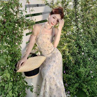Halter-neck Floral Print Midi Mermaid Dress
