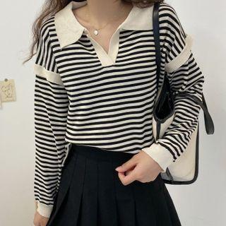 Long-sleeve Lapelled Stripe Loose Fit Knit Top