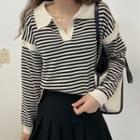Long-sleeve Lapelled Stripe Loose Fit Knit Top