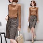Set: Long-sleeve Knit Top + Plaid Pencil Skirt