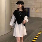 Mock Two Piece Lantern-sleeve Dress Black & White - One Size