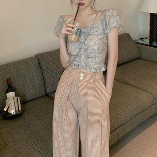 Short-sleeve Floral Blouse / Plaid Loose Fit Pants