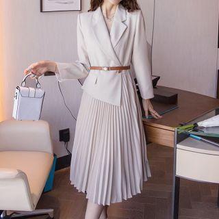 Accordion Pleat Midi A-line Blazer Dress / Belt / Set