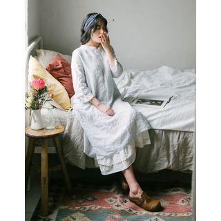 Open-placket Stripe Linen Boxy Dress