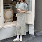Short-sleeve Plain T-shirt / Flower Print Mini Overall Dress