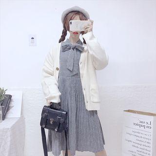 Gingham Bow Accent Long-sleeve Midi A-line Dress / Buttoned Cardigan