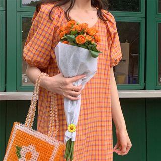Plaid Ruffle Hem Puff-sleeve Midi Shift Dress