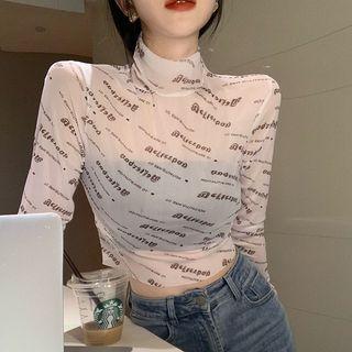 Long-sleeve Lettering Sheer Cropped T-shirt White - One Size