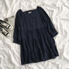 Long-sleeve Square Neck Ruffled Dress Blue - One Size