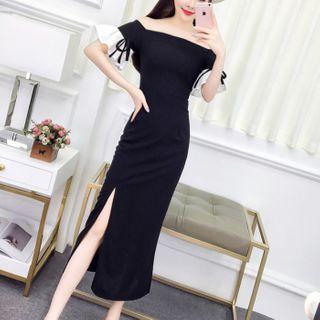 Cold Shoulder Short-sleeve Midi Dress Black - One Size