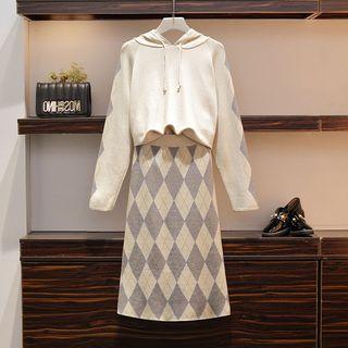 Set: Argyle Knit Hoodie + Argyle A-line Midi Knit Skirt