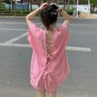 Set: Short-sleeve V-neck Open-back T-shirt + Shorts Set Of 2 - T-shirt & Shorts - Pink - One Size