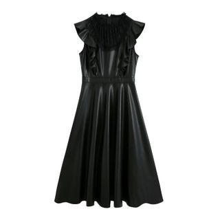 Faux Leather Ruffle-trim Sleeveless A-line Midi Dress