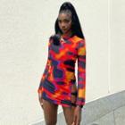 Long Sleeve Tie-dyed Cut-out Mini Bodycon Dress