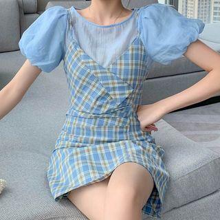 Set: Strappy Plaid A-line Dress + Short-sleeve Top