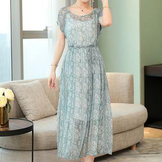 Set: Short-sleeve Floral Midi A-line Dress + Spaghetti Strap Dress