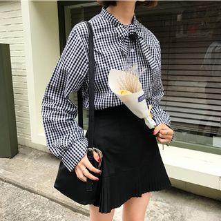 Tie-neck Long-sleeve Check Shirt