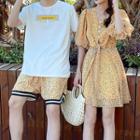 Couple Matching Puff-sleeve Mini A-line Dress / Shorts / T-shirt