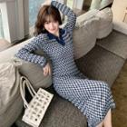 Check Long-sleeve Midi A-line Knit Dress