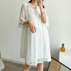Elbow-sleeve Tie-neck Lace Midi A-line Dress White - One Size