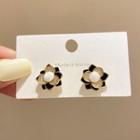Sterling Silver Faux Pearl Cz Flower Stud Earring E4439 - 1 Pair - Gold & Black - One Size