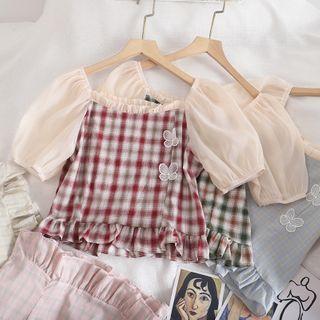 Butterfly Applique Plaid Panel Frilled Cropped Top