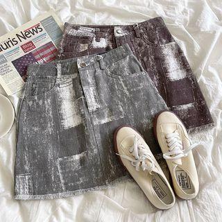 High-waist Tie-dye Denim A-line Mini Skirt