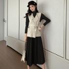 Set: Plain T-shirt + Pleated Midi Skirt + Tie-waist Vest