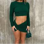 Set: Long-sleeve Shirred Crop T-shirt + Mini Pencil Skirt