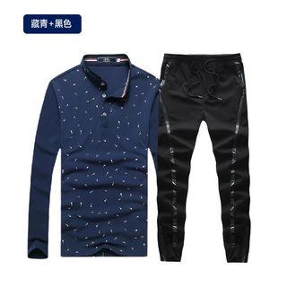 Set: Print Long-sleeve Polo Shirt + Sweatpants