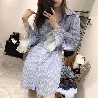 Oversized Mesh Panel Pinstriped Shirt