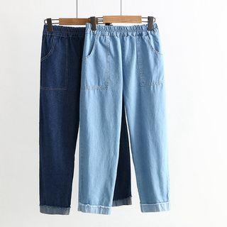 Elastic Waist Color Block Straight Cut Jeans