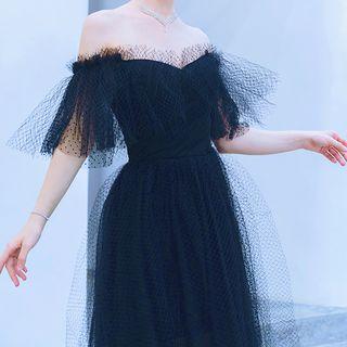 Dotted Mesh Panel Off-shoulder A-line Evening Gown