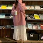 Plain Sweater / Long-sleeve Mock-neck Lace Midi Dress