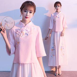 Traditional Chinese 3/4-sleeve Embroidered Flower A-line Midi Dress