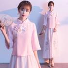 Traditional Chinese 3/4-sleeve Embroidered Flower A-line Midi Dress