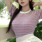 Short-sleeve Patterned Knit Top Pink - One Size