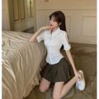 Plain Button-up Blouse / High-waist Plain Pleated Mini Skirt