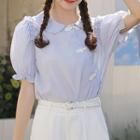 Short-sleeve Collared Frill Trim Frog-buttoned Blouse