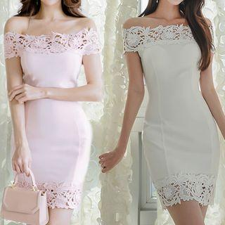 Off-shoulder Crochet Lace Panel Mini Sheath Dress