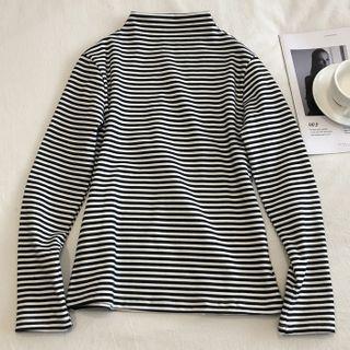 Long-sleeve Striped Mock-neck Top Stripes - Black & White - One Size