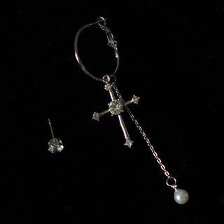 Cross Rhinestone Asymmetrical Alloy Dangle Earring
