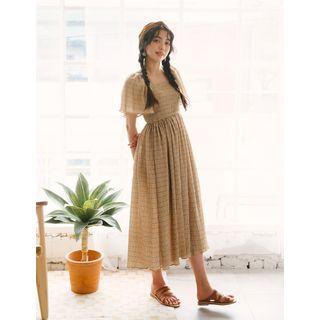 Square-neck Smocked Long Empire Dress