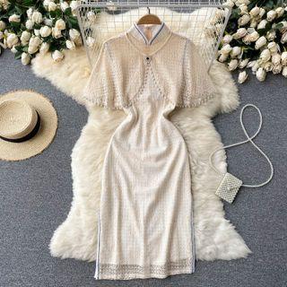 Set Of 2 : Faux Pearl Lace Shawl + Lace Sleeveless Qipao