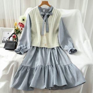 Set: Tie Neck Long-sleeve A-line Dress + Knit Vest