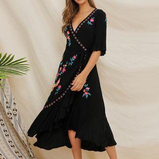 Floral Embroidered Ruffle Hem Midi A-line Dress