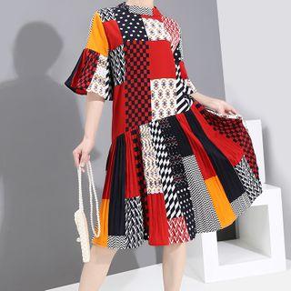 Patterned Elbow-sleeve Accordion Pleated Hem Midi Dress