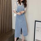 Puff-sleeve Floral Blouse / Slit Denim Overall Dress