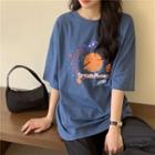 Elbow-sleeve Space Printed T-shirt