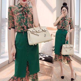 Set: Short-sleeve Leaf Print Chiffon Blouse + Mermaid Midi Skirt